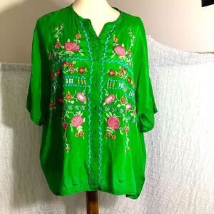 Kyla Seo Green Embroidered Viscose Peasant Top Size M